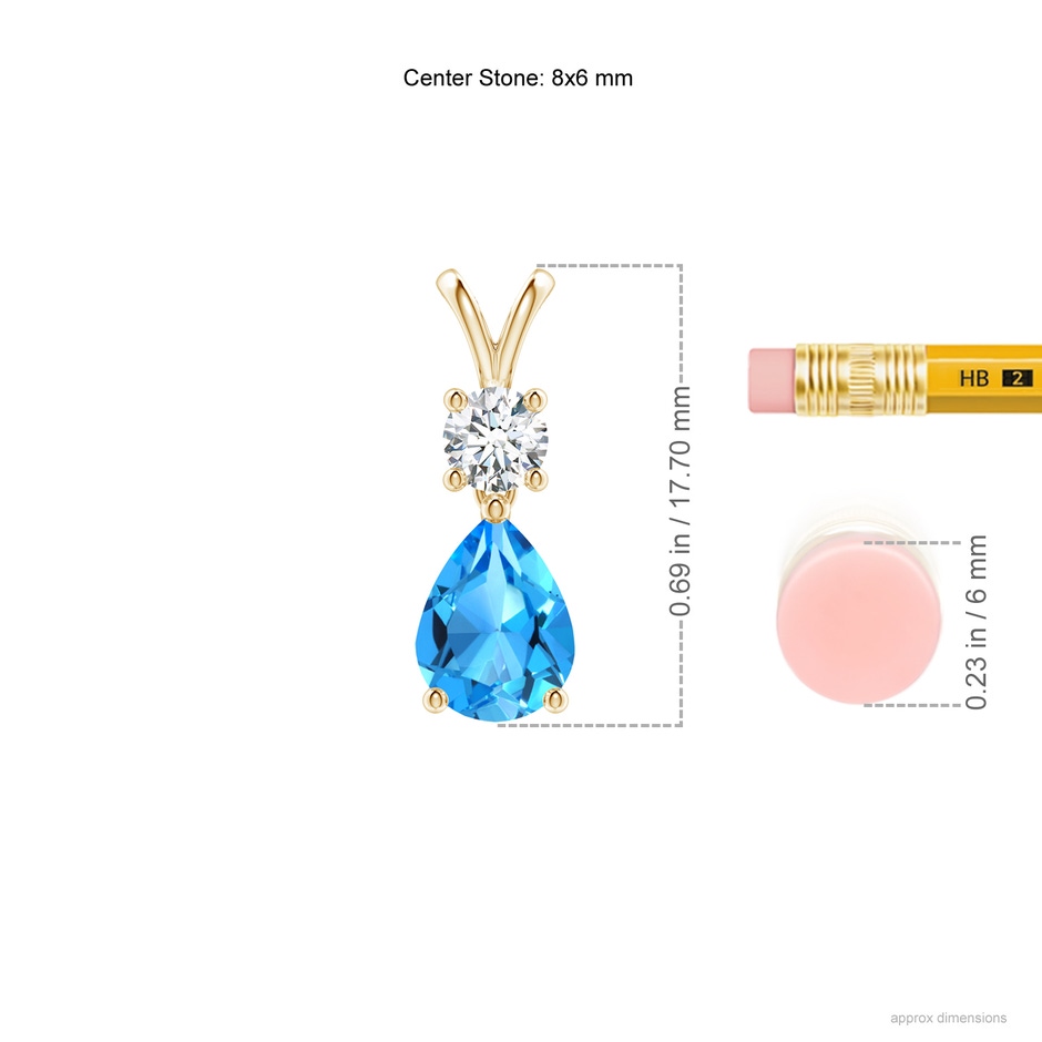 8x6mm AAAA Pear-Shaped Swiss Blue Topaz V-Bale Pendant in Yellow Gold ruler