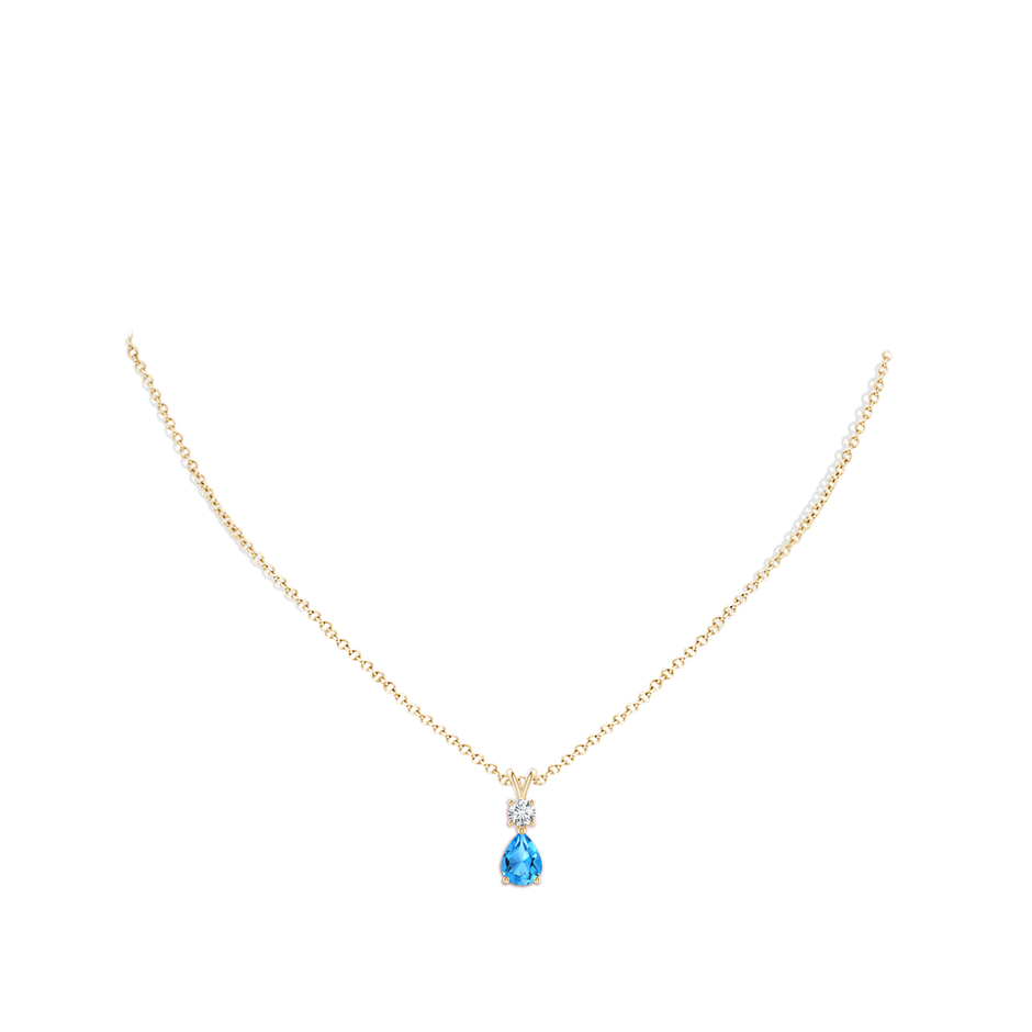 8x6mm AAAA Pear-Shaped Swiss Blue Topaz V-Bale Pendant in Yellow Gold body-neck