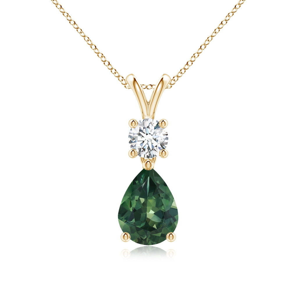 8x6mm AA Pear-Shaped Teal Montana Sapphire V-Bale Pendant in Yellow Gold