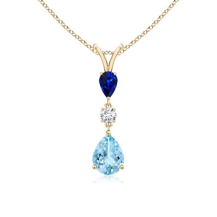 8x6mm AAAA Pear-Shaped Sapphire and Aquamarine Drop Pendant in Yellow Gold 