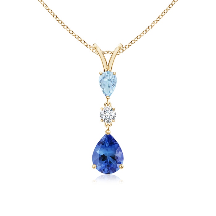 8x6mm AA Pear-Shaped Tanzanite and Aquamarine Drop Pendant in Yellow Gold 