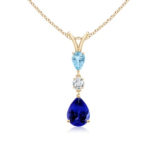 8x6mm AAAA Pear-Shaped Tanzanite and Aquamarine Drop Pendant in Yellow Gold