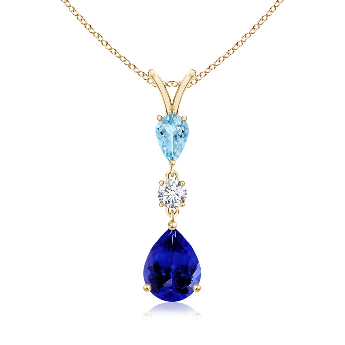 9x7mm AAAA Pear-Shaped Tanzanite and Aquamarine Drop Pendant in Yellow Gold 
