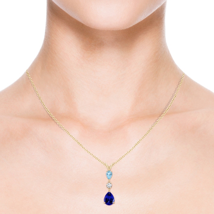 9x7mm AAAA Pear-Shaped Tanzanite and Aquamarine Drop Pendant in Yellow Gold product image