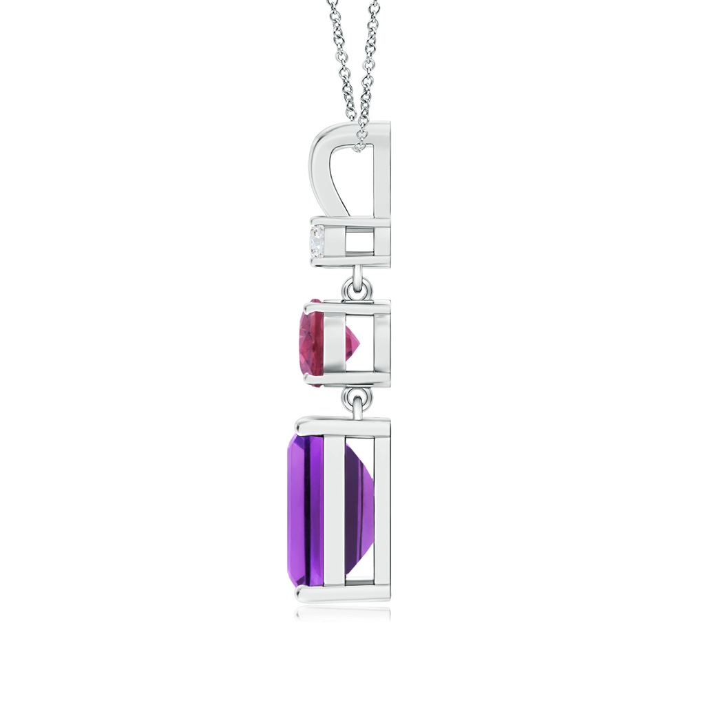 10x8mm AAA Amethyst, Pink Tourmaline and Diamond Three Stone Pendant in White Gold Side 1