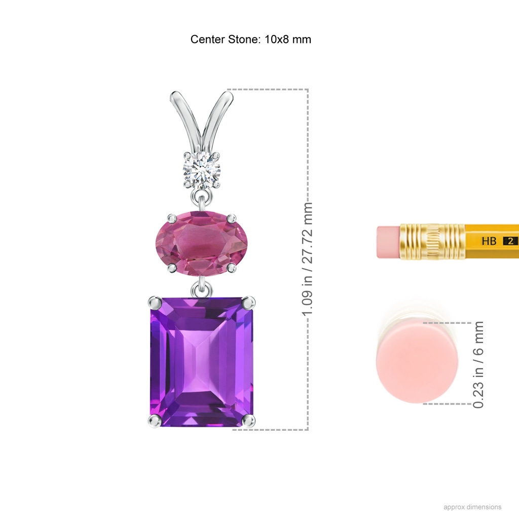 10x8mm AAA Amethyst, Pink Tourmaline and Diamond Three Stone Pendant in White Gold Ruler