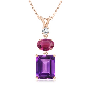 10x8mm AAAA Amethyst, Pink Tourmaline and Diamond Three Stone Pendant in Rose Gold