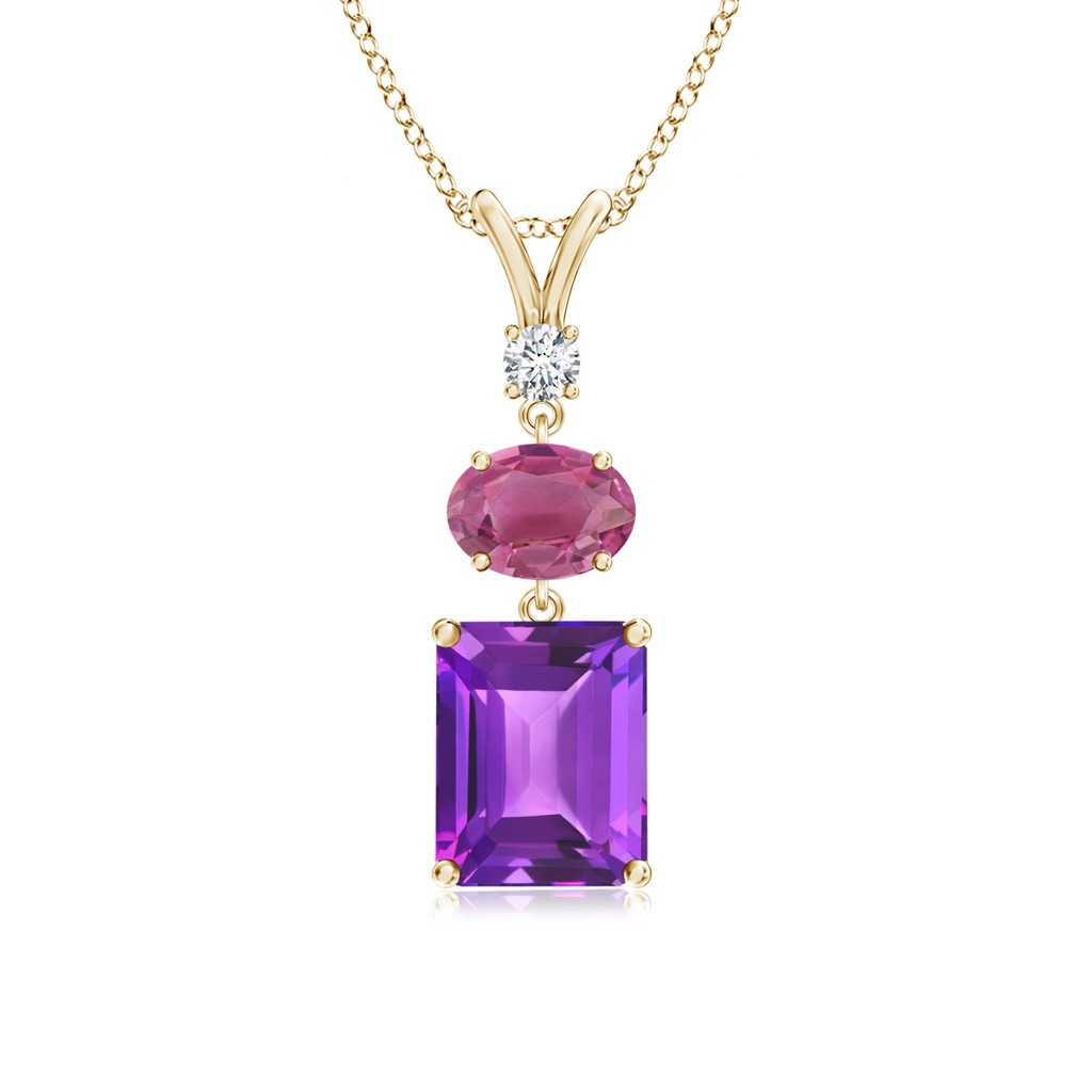 9x7mm AAA Amethyst, Pink Tourmaline and Diamond Three Stone Pendant in Yellow Gold