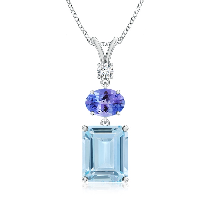 10x8mm AA Aquamarine, Tanzanite and Diamond Three Stone Pendant in White Gold