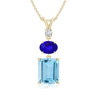 10x8mm AAAA Aquamarine, Tanzanite and Diamond Three Stone Pendant in Yellow Gold