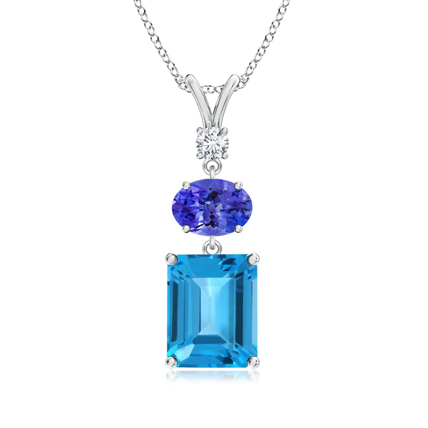 10x8mm AAA Swiss Blue Topaz, Tanzanite and Diamond Three Stone Pendant in P950 Platinum