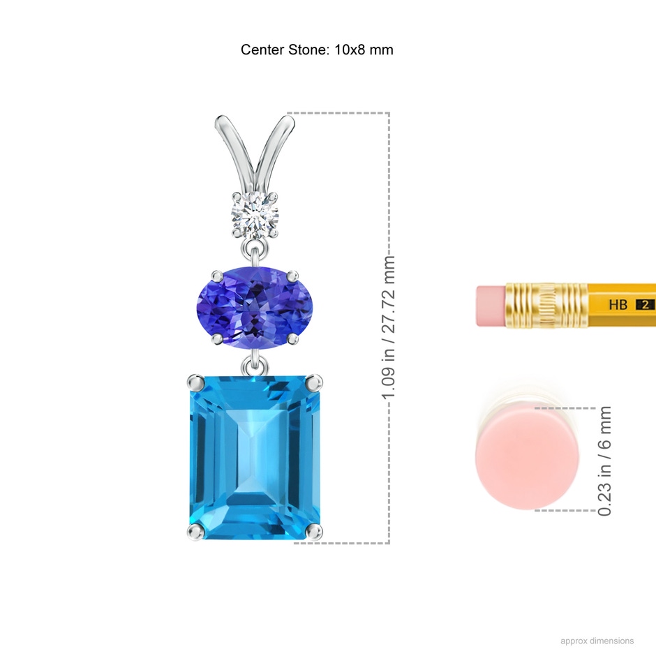 10x8mm AAA Swiss Blue Topaz, Tanzanite and Diamond Three Stone Pendant in White Gold ruler