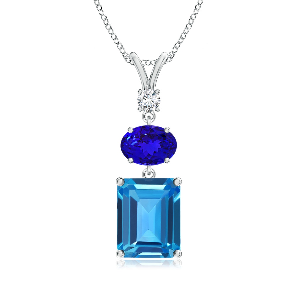 10x8mm AAAA Swiss Blue Topaz, Tanzanite and Diamond Three Stone Pendant in P950 Platinum