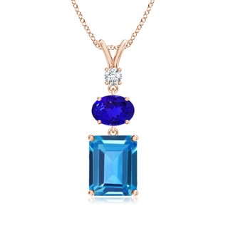 10x8mm AAAA Swiss Blue Topaz, Tanzanite and Diamond Three Stone Pendant in Rose Gold