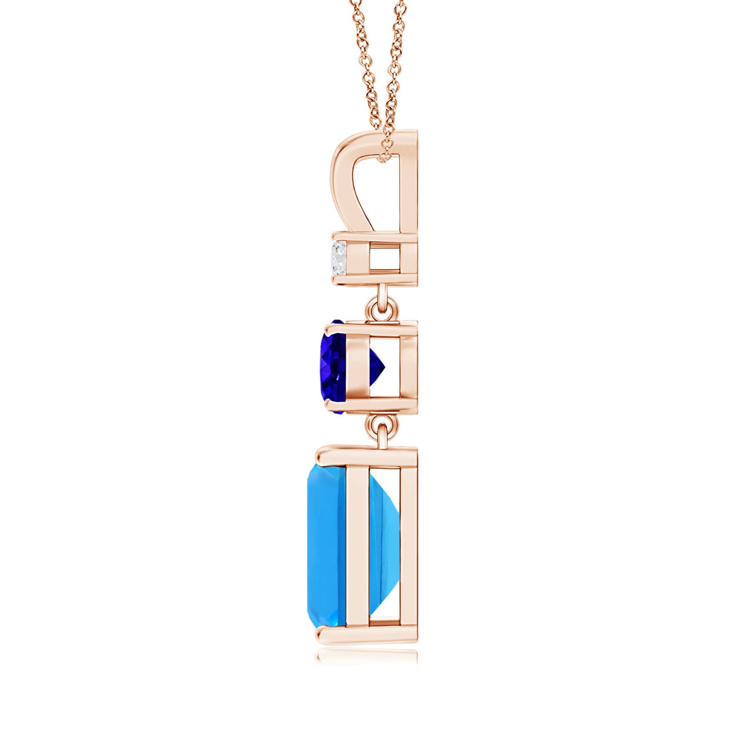 10x8mm AAAA Swiss Blue Topaz, Tanzanite and Diamond Three Stone Pendant in Rose Gold