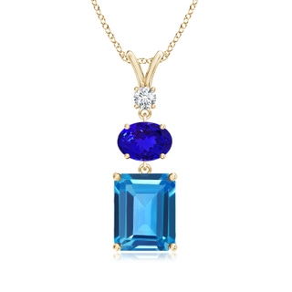 10x8mm AAAA Swiss Blue Topaz, Tanzanite and Diamond Three Stone Pendant in Yellow Gold