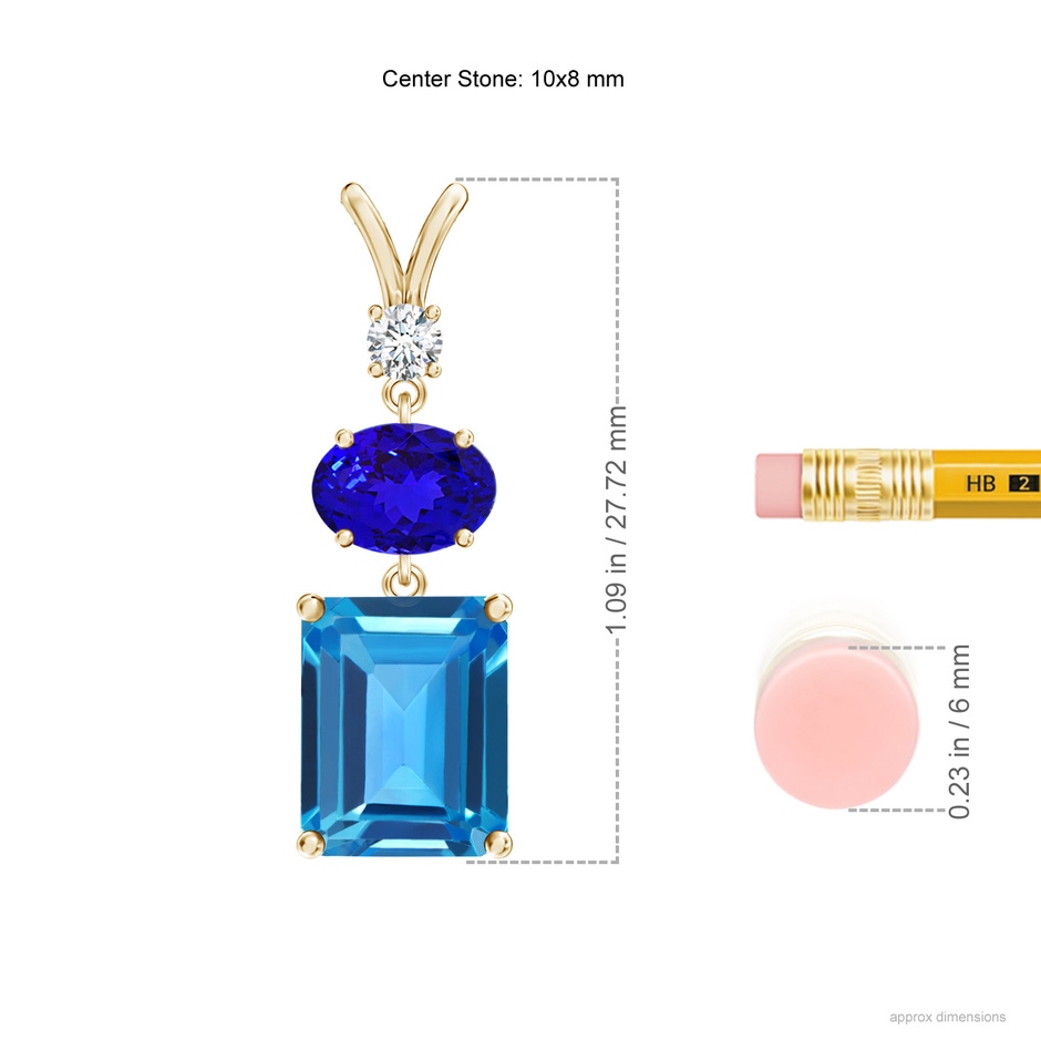 10x8mm AAAA Swiss Blue Topaz, Tanzanite and Diamond Three Stone Pendant in Yellow Gold ruler