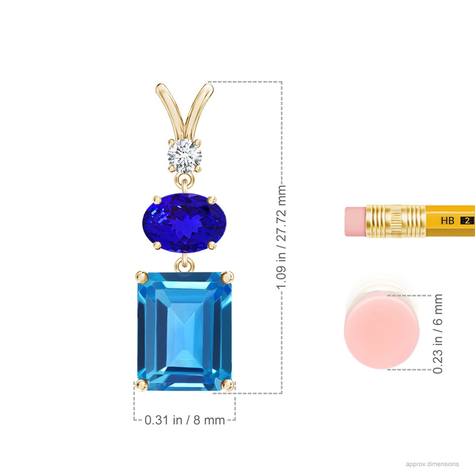 10x8mm AAAA Swiss Blue Topaz, Tanzanite and Diamond Three Stone Pendant in Yellow Gold ruler
