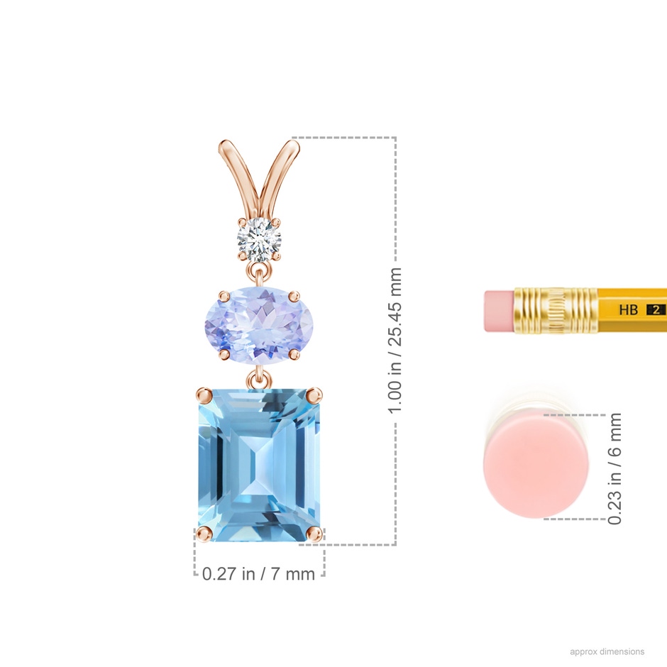 9x7mm A Swiss Blue Topaz, Tanzanite and Diamond Three Stone Pendant in Rose Gold ruler