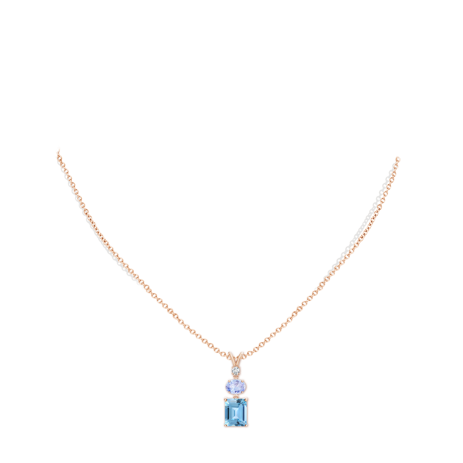 9x7mm A Swiss Blue Topaz, Tanzanite and Diamond Three Stone Pendant in Rose Gold pen