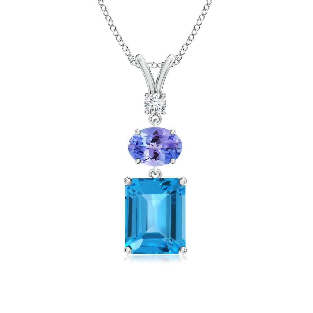 9x7mm AAA Swiss Blue Topaz, Tanzanite and Diamond Three Stone Pendant in White Gold