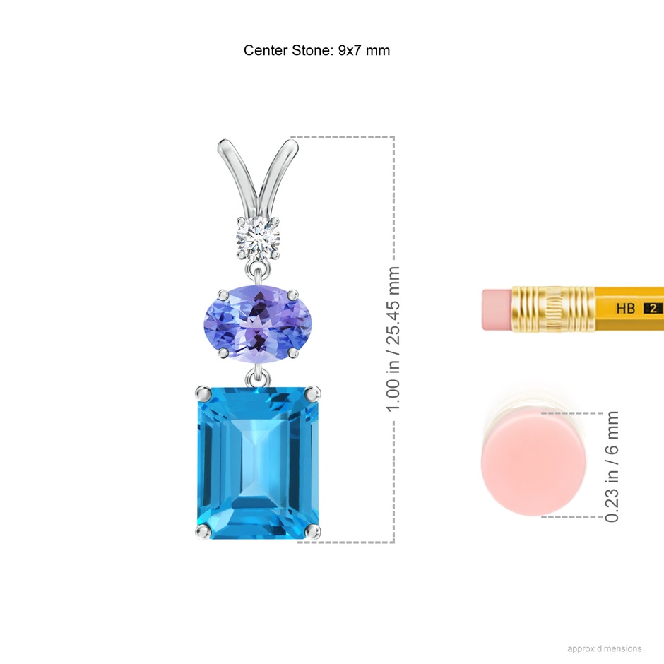 9x7mm AAA Swiss Blue Topaz, Tanzanite and Diamond Three Stone Pendant in White Gold ruler