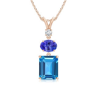 9x7mm AAAA Swiss Blue Topaz, Tanzanite and Diamond Three Stone Pendant in Rose Gold