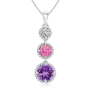 8mm AA Pink Sapphire, Diamond & Amethyst 3 Stone Pendant in White Gold