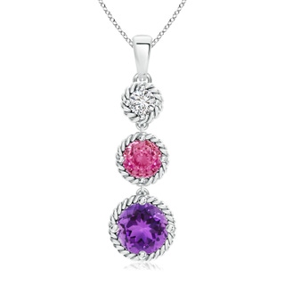 8mm AAA Pink Sapphire, Diamond & Amethyst 3 Stone Pendant in 10K White Gold