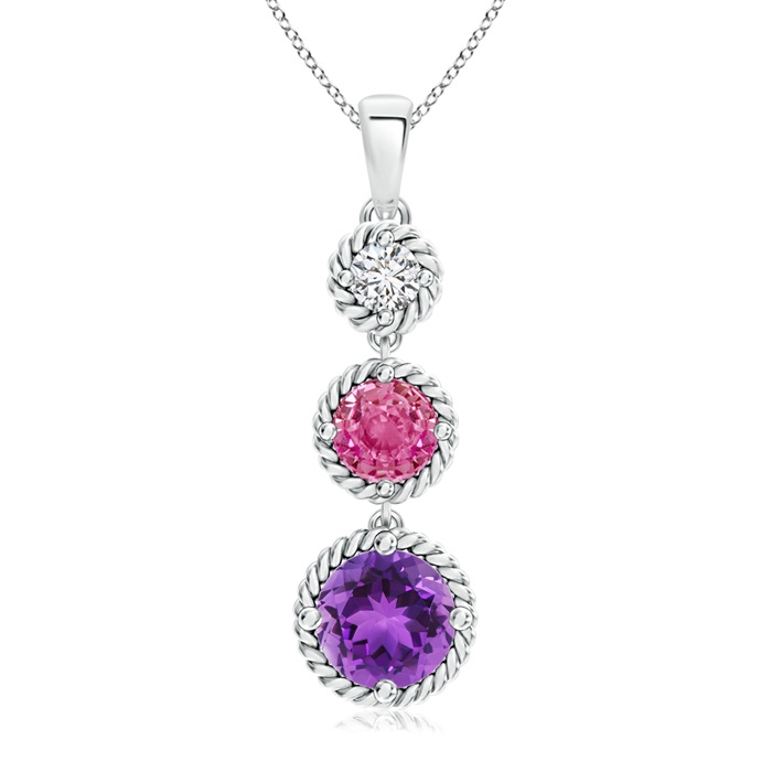 8mm AAA Pink Sapphire, Diamond & Amethyst 3 Stone Pendant in White Gold 