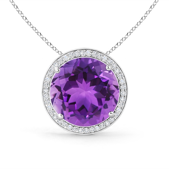 14mm AAA Round Amethyst Pendant with Diamond Halo in White Gold