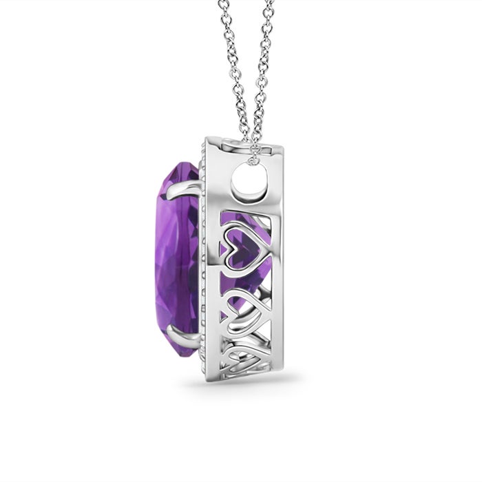 Round Amethyst Pendant Necklace with Diamond Halo