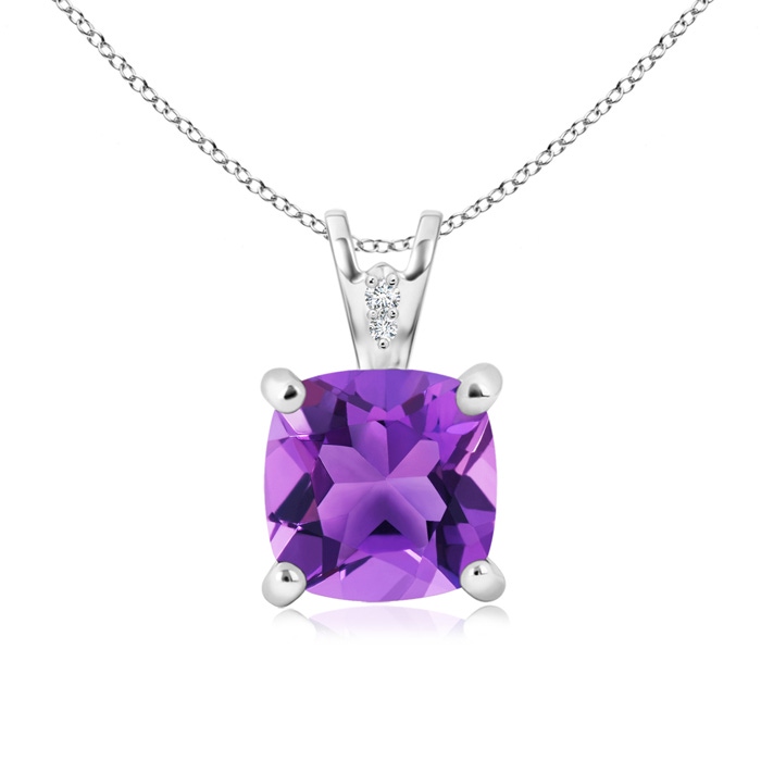 8mm AAA Solitaire Cushion Amethyst Pendant with Diamond Accents in P950 Platinum