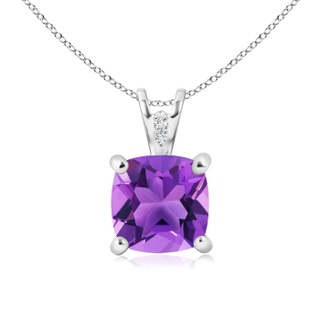 8mm AAA Solitaire Cushion Amethyst Pendant with Diamond Accents in White Gold