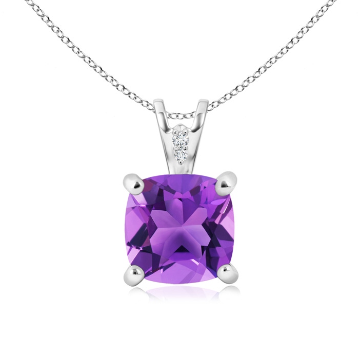 8mm AAA Solitaire Cushion Amethyst Pendant with Diamond Accents in White Gold 