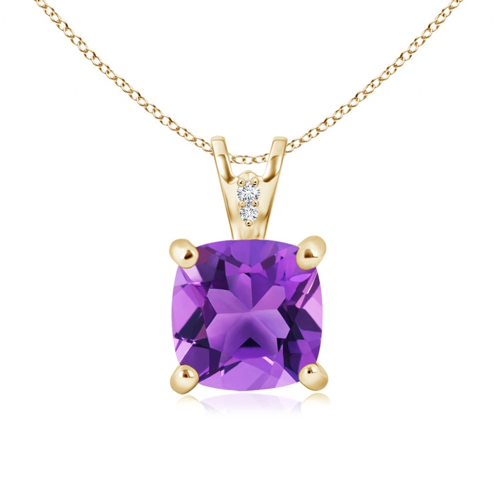 8mm AAA Solitaire Cushion Amethyst Pendant with Diamond Accents in Yellow Gold