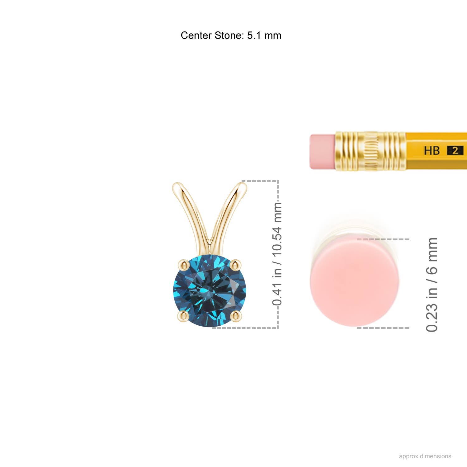 5.1mm AAA Round Blue Diamond Solitaire V-Bale Pendant in Yellow Gold - ruler