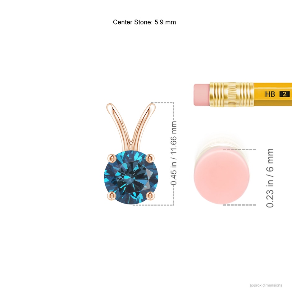 5.9mm AAA Round Blue Diamond Solitaire V-Bale Pendant in Rose Gold ruler