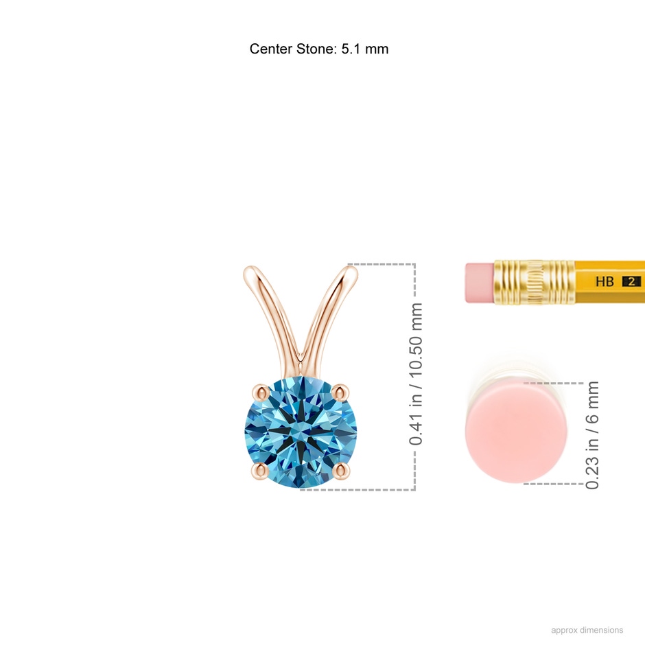 5.1mm AAAA Round Fancy Intense Blue Diamond Solitaire V-Bale Pendant in Rose Gold ruler