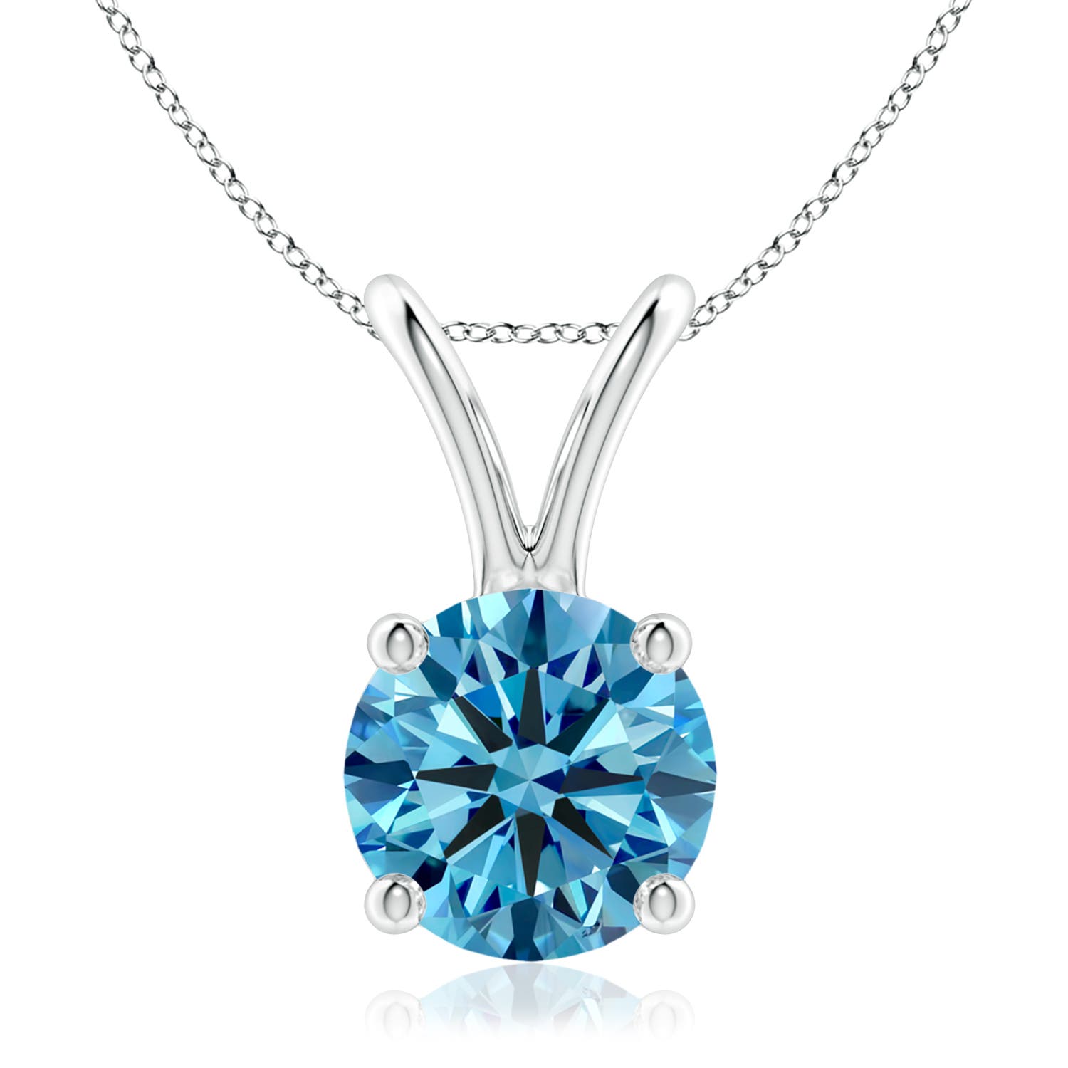8.1mm AAAA Round Fancy Intense Blue Diamond Solitaire V-Bale Pendant in 18K White Gold