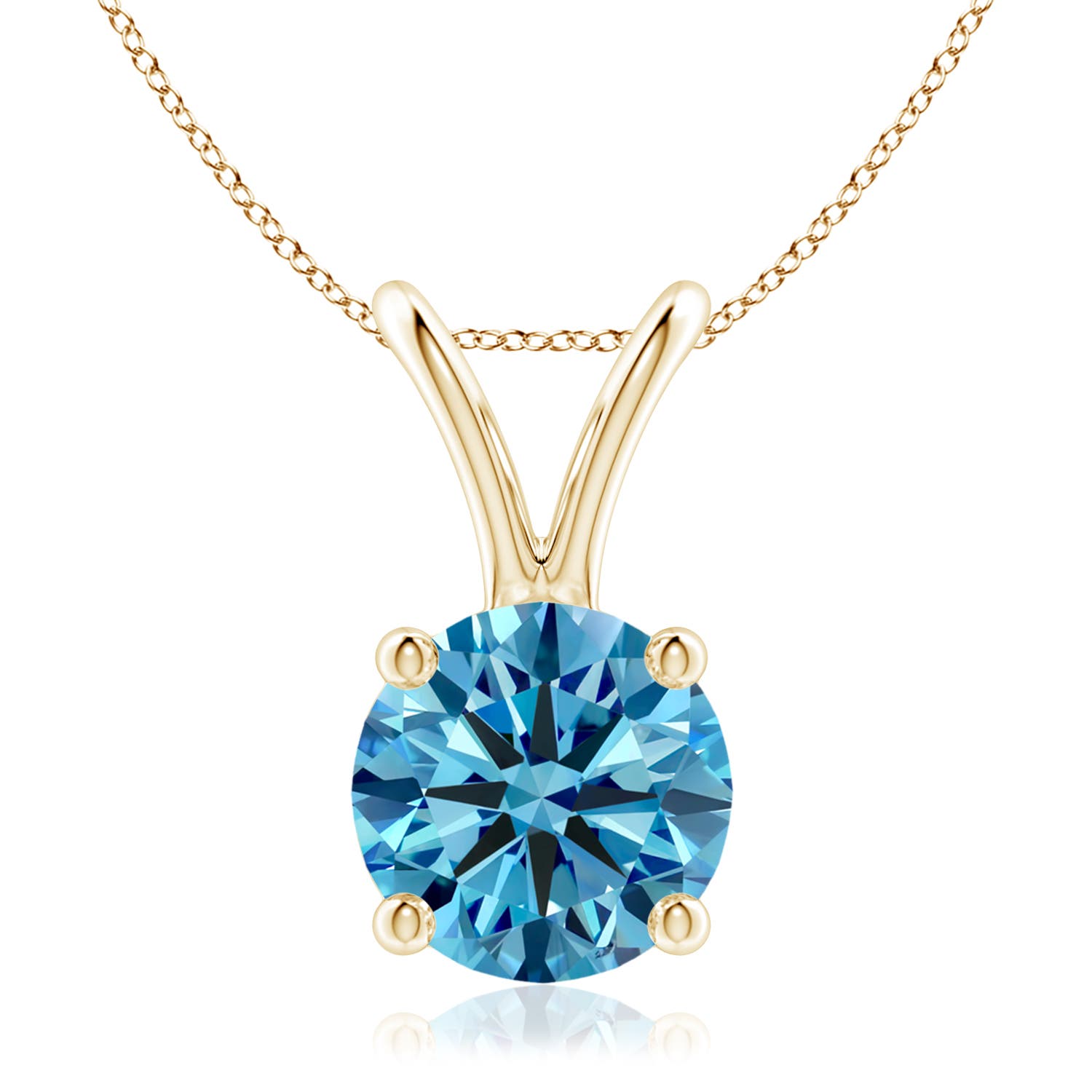 Angara 2.01 CTW Prong-Set Round Fancy Intense Blue Diamond Solitaire V-Bale Pendant in 18K Yellow Gold
