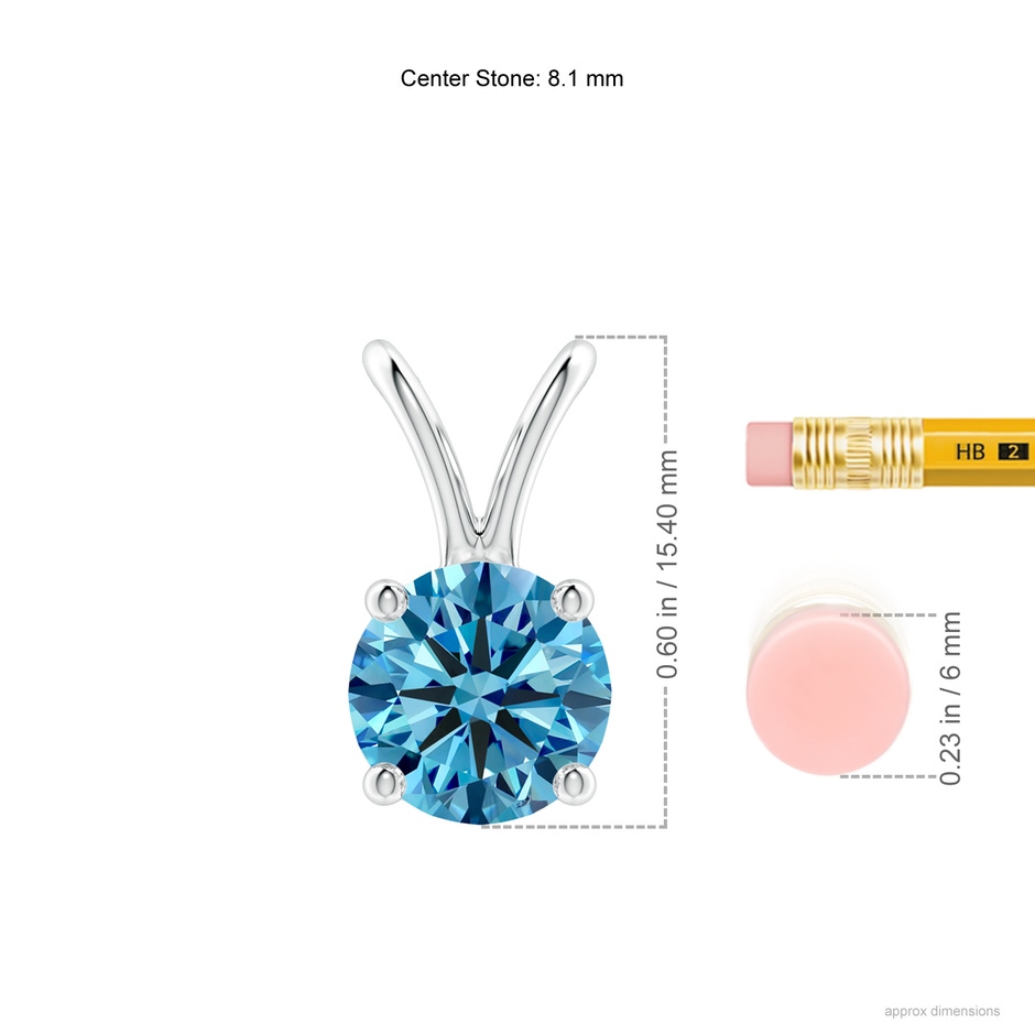 8.1mm AAAA Round Fancy Intense Blue Diamond Solitaire V-Bale Pendant in White Gold ruler
