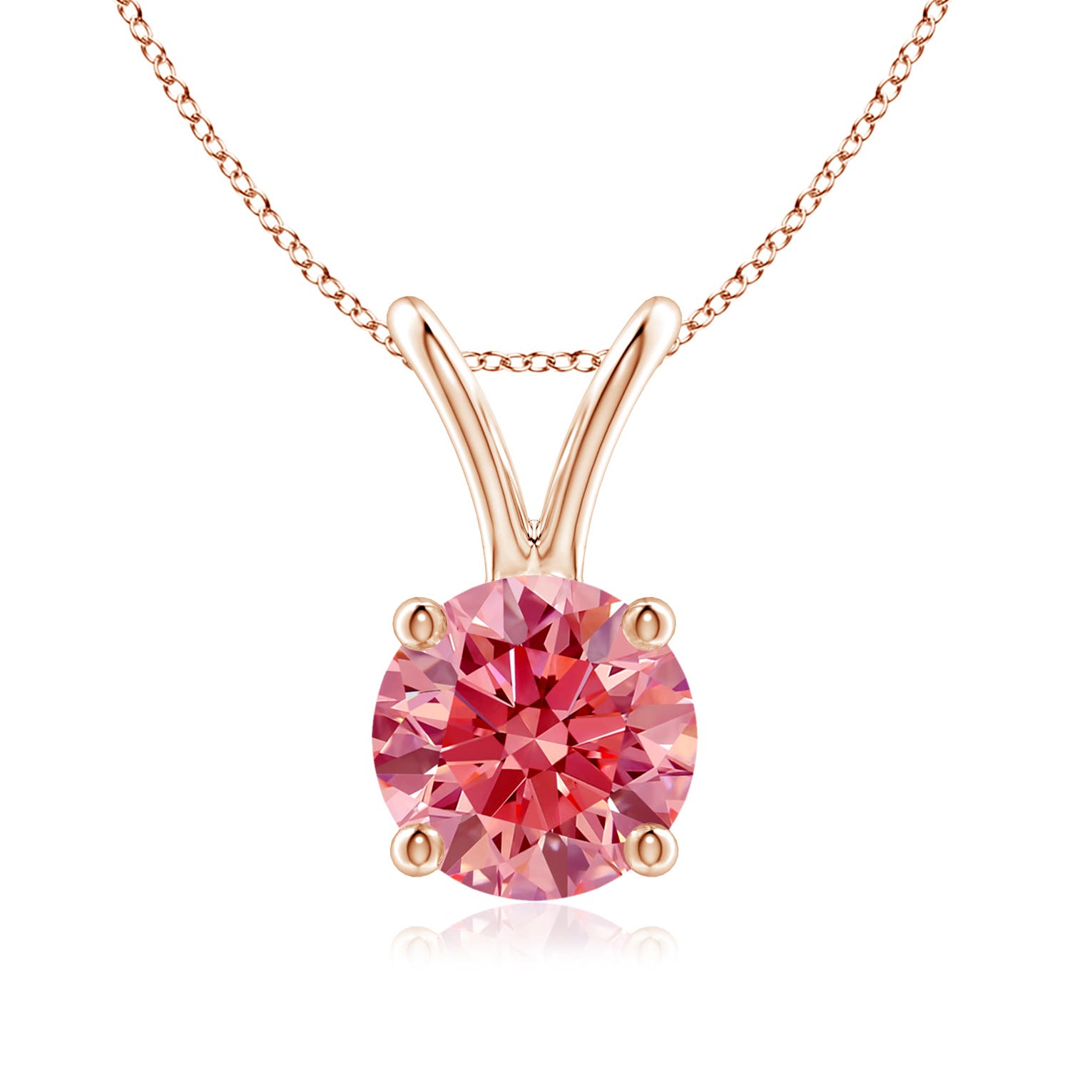 Angara 1.0 CTW Prong-Set Round Fancy Intense Pink Diamond Solitaire V-Bale Pendant in 14K Rose Gold