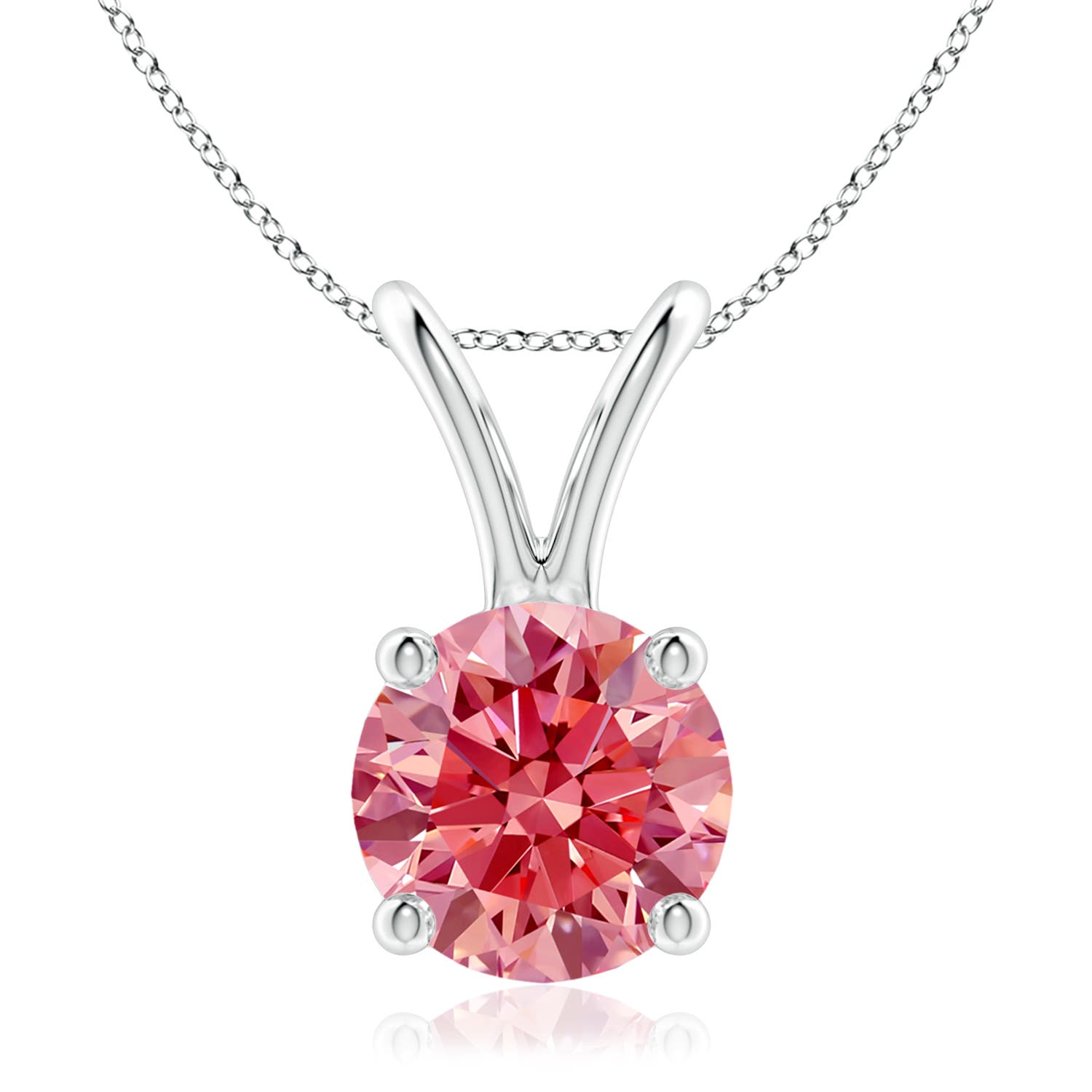 Angara 2.01 CTW Prong-Set Round Fancy Intense Pink Diamond Solitaire V-Bale Pendant in 14K White Gold