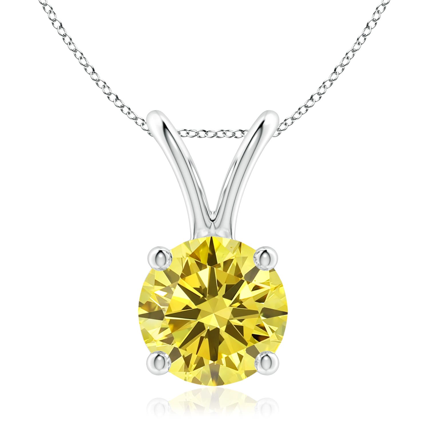 Angara 2.01 CTW Prong-Set Round Fancy Intense Yellow Diamond Solitaire V-Bale Pendant in 14K White Gold