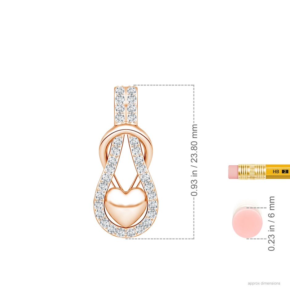 1.3mm GVS2 Diamond Infinity Knot Pendant with Puffed Heart in Rose Gold ruler