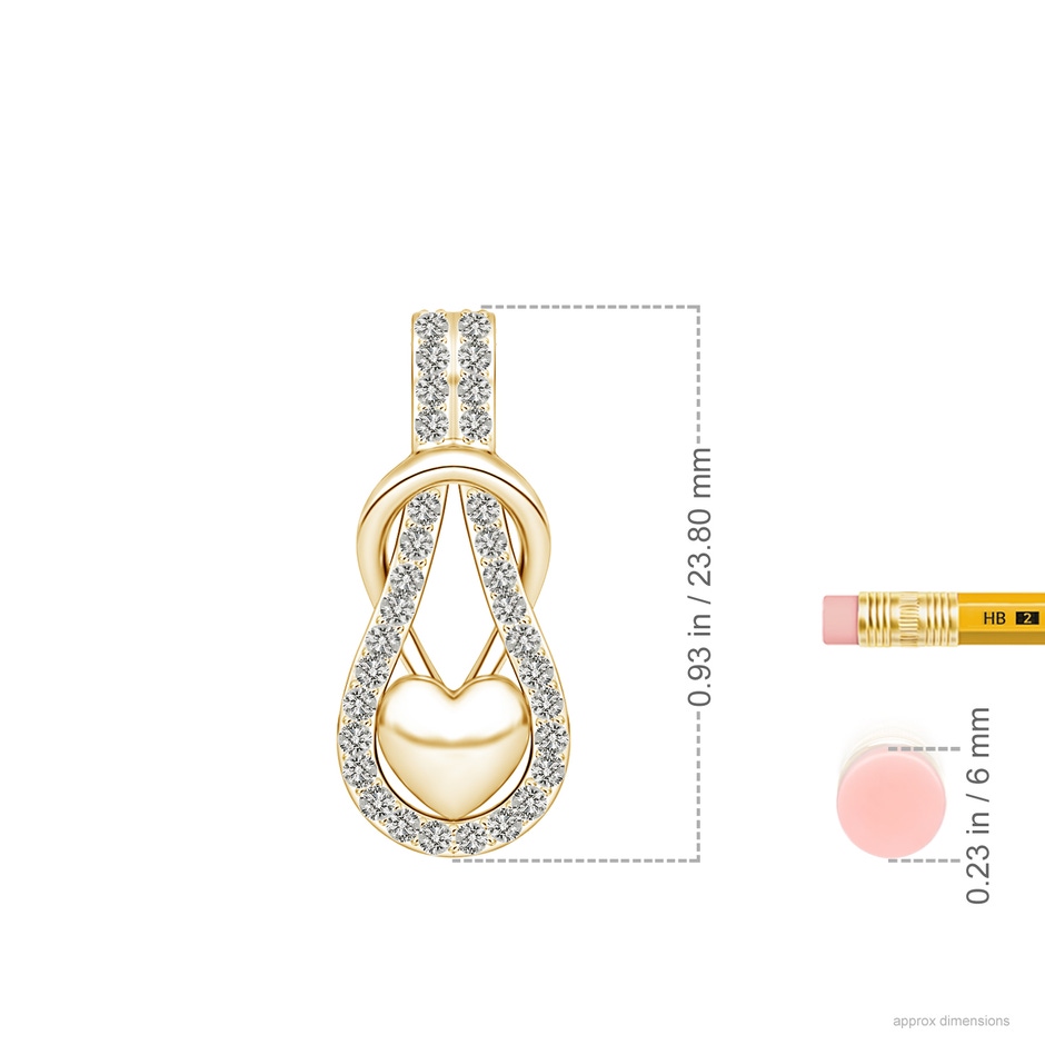 1.3mm KI3 Diamond Infinity Knot Pendant with Puffed Heart in Yellow Gold ruler