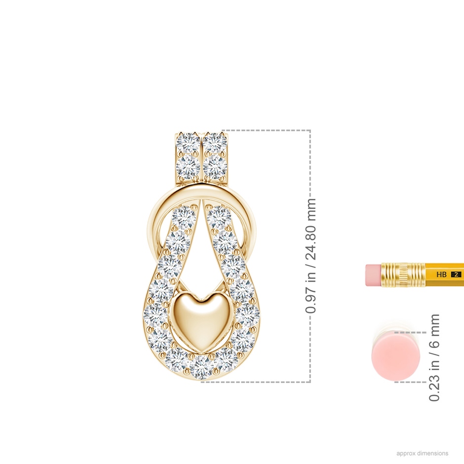 2.3mm GVS2 Diamond Infinity Knot Pendant with Puffed Heart in Yellow Gold ruler