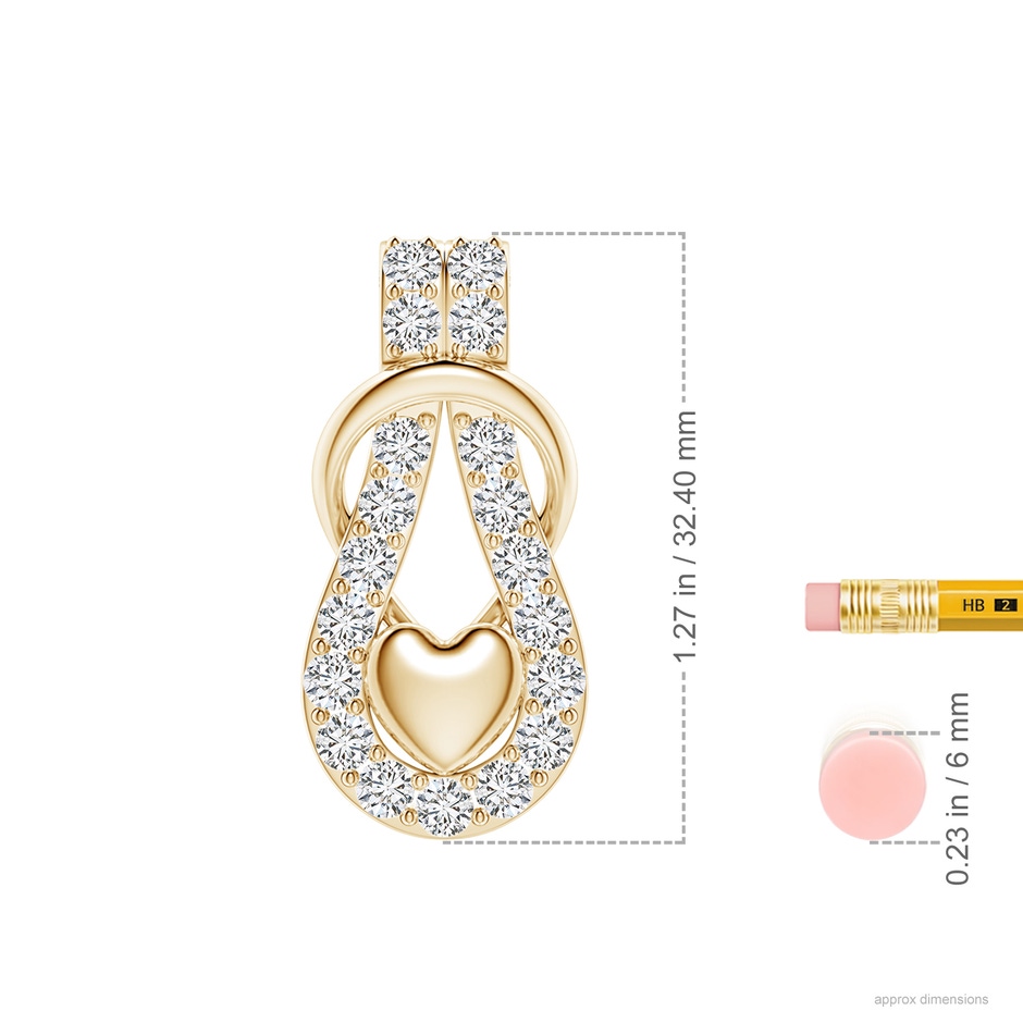 3mm HSI2 Diamond Infinity Knot Pendant with Puffed Heart in Yellow Gold ruler