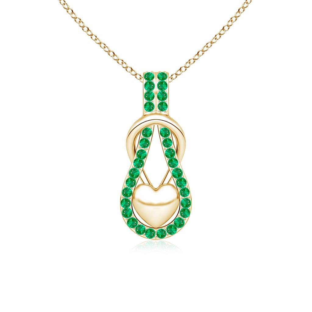 1.3mm AAA Emerald Infinity Knot Pendant with Puffed Heart in 18K Yellow Gold 
